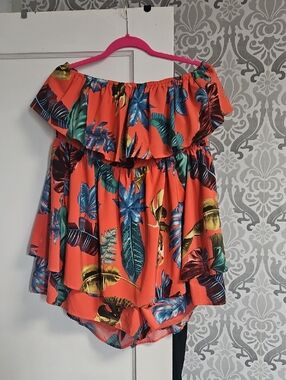 Fashion Nova Orange Tropical Leaf Off-Shoulder Romper